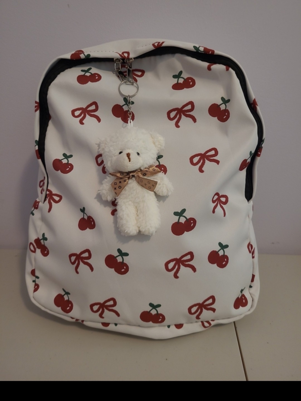 Kids Cherry Print Backpack with Plush Bear Charm - White